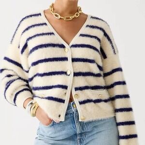 By Together Fuzzy Striped V Neck Cardigan Button Front Women's Medium Wool Blend